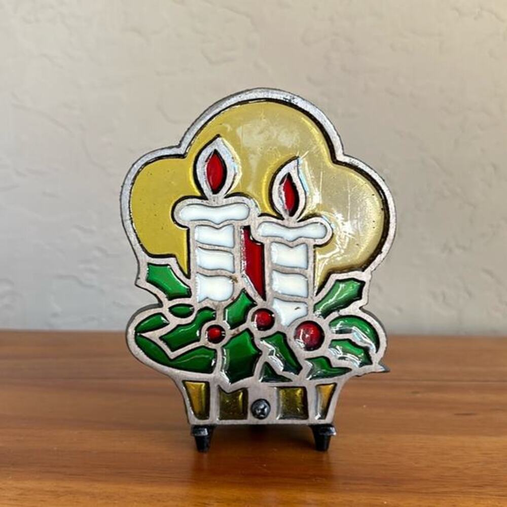 Stained Glass Christmas Candle‎ Votive holder Metal made in Japan Holiday Decor
